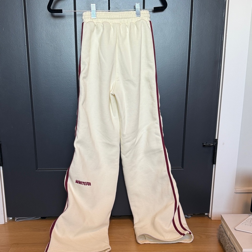 White Fox Boutique Cream Track Pants with Maroon Stripes